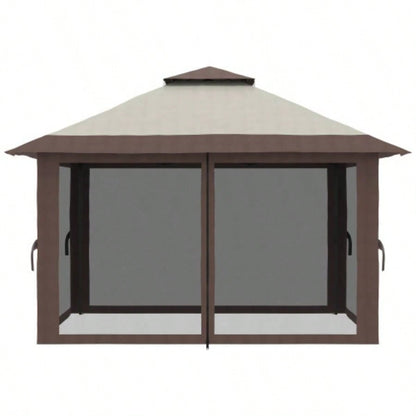 Outsunny 13x 13 Up Gazebo with Netting, Instant Canopy Tent Shelter with 2 - Tier Roof, Wheeled Carry Bag,/ Sand Bags Outdoor, Garden, Parties, Beige