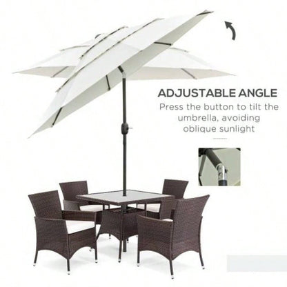 Outsunny 9FT 3 Tiers Patio Outdoor Market with Crank, Push Button Tilt Deck, Backyard and Lawn, Beige