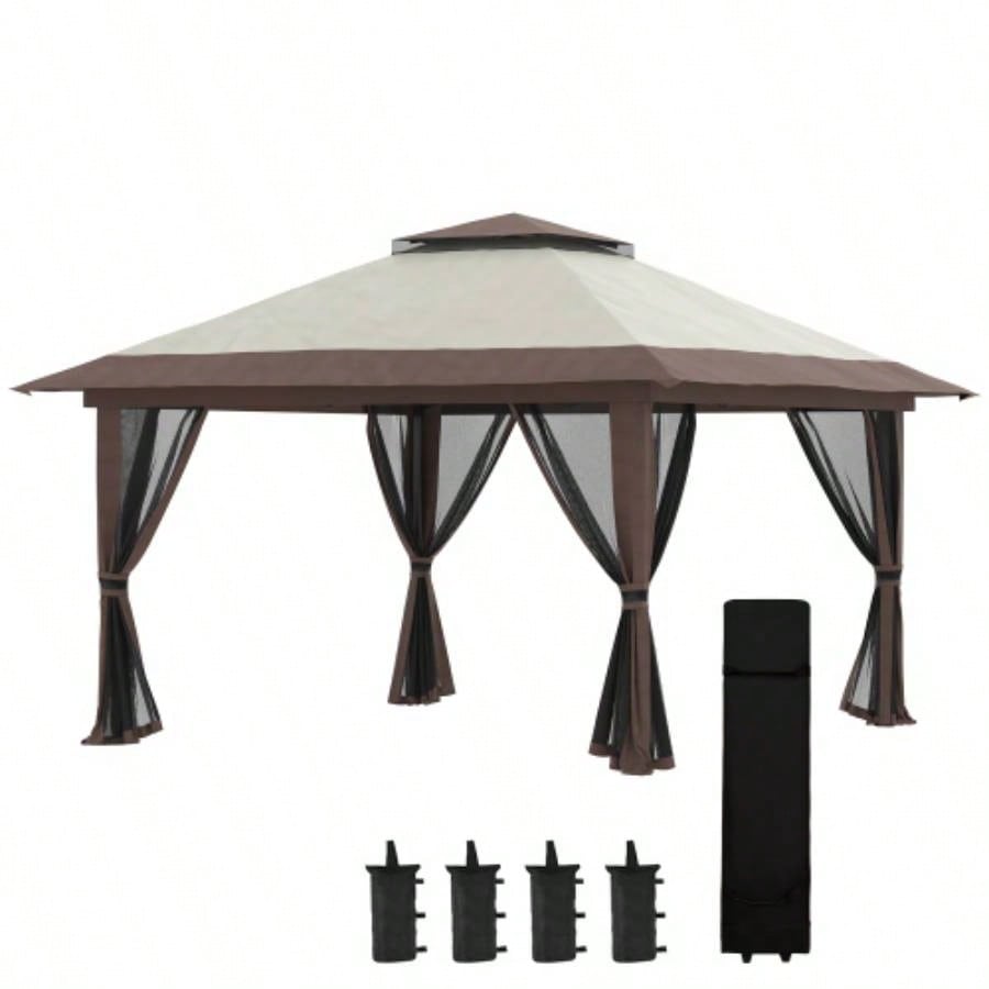 Outsunny 13x 13 Up Gazebo with Netting, Instant Canopy Tent Shelter with 2 - Tier Roof, Wheeled Carry Bag,/ Sand Bags Outdoor, Garden, Parties, Beige