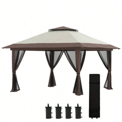 Outsunny 13x 13 Up Gazebo with Netting, Instant Canopy Tent Shelter with 2 - Tier Roof, Wheeled Carry Bag,/ Sand Bags Outdoor, Garden, Parties, Beige