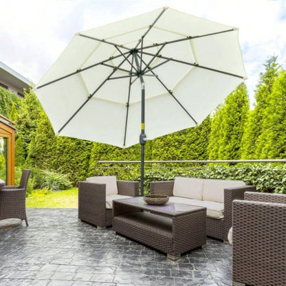Outsunny 9FT 3 Tiers Patio Outdoor Market with Crank, Push Button Tilt Deck, Backyard and Lawn, Beige