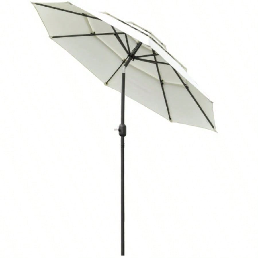 Outsunny 9FT 3 Tiers Patio Outdoor Market with Crank, Push Button Tilt Deck, Backyard and Lawn, Beige