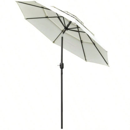 Outsunny 9FT 3 Tiers Patio Outdoor Market with Crank, Push Button Tilt Deck, Backyard and Lawn, Beige