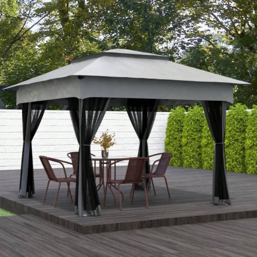 Outsunny 11x 11 Up Canopy, Outdoor Patio Gazebo Shelter with Removable Zipper Netting, Instant Event Tent/ 114 Square Feet of Shade and Carry Bag Backyard, Garden, Light Gray