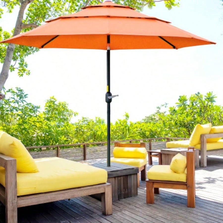 Outsunny 9FT 3 Tiers Patio Outdoor Market with Crank, Push Button Tilt Deck, Backyard and Lawn, Orange