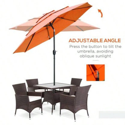 Outsunny 9FT 3 Tiers Patio Outdoor Market with Crank, Push Button Tilt Deck, Backyard and Lawn, Orange