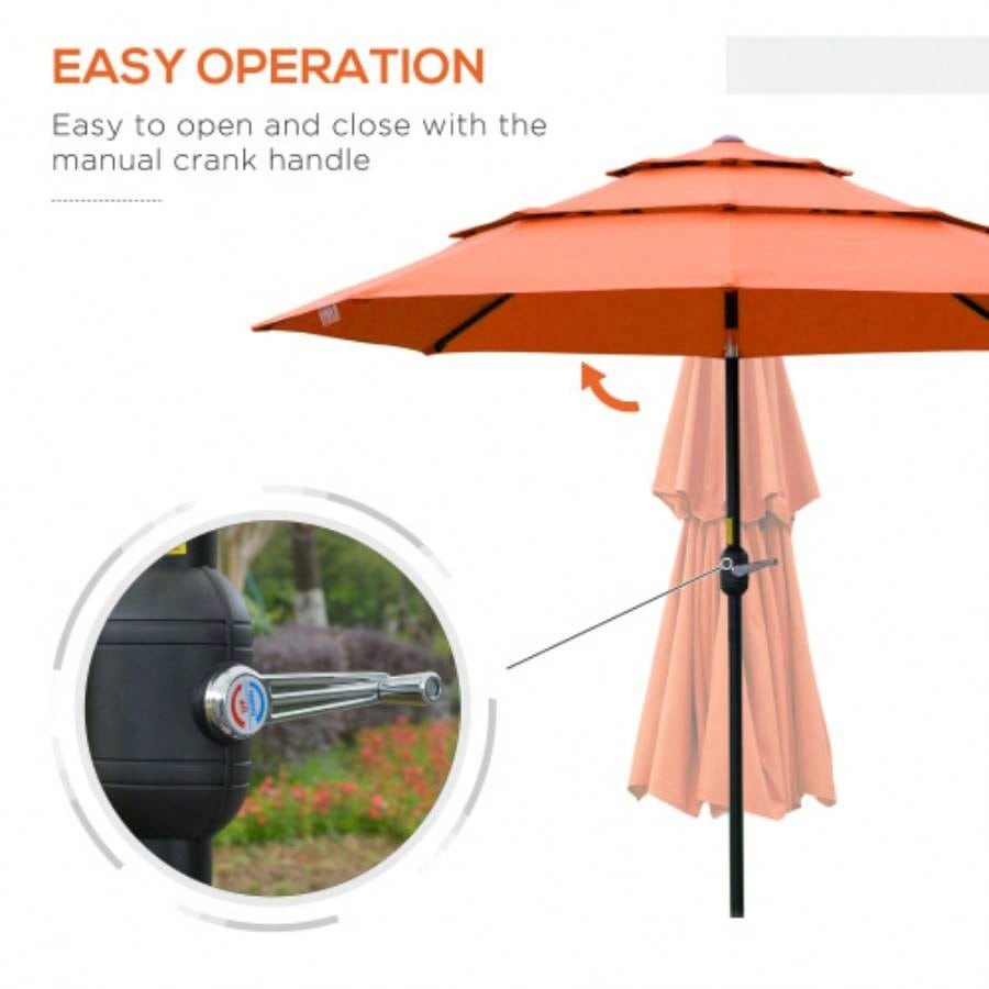 Outsunny 9FT 3 Tiers Patio Outdoor Market with Crank, Push Button Tilt Deck, Backyard and Lawn, Orange
