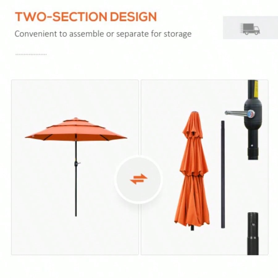 Outsunny 9FT 3 Tiers Patio Outdoor Market with Crank, Push Button Tilt Deck, Backyard and Lawn, Orange