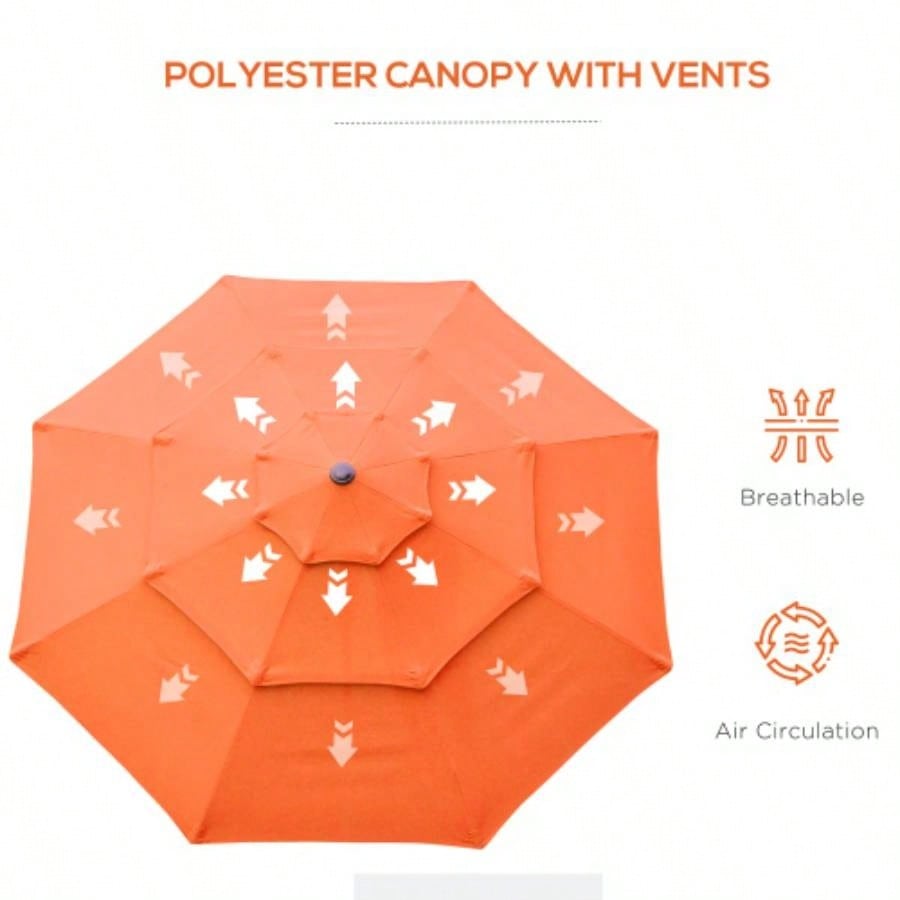 Outsunny 9FT 3 Tiers Patio Outdoor Market with Crank, Push Button Tilt Deck, Backyard and Lawn, Orange