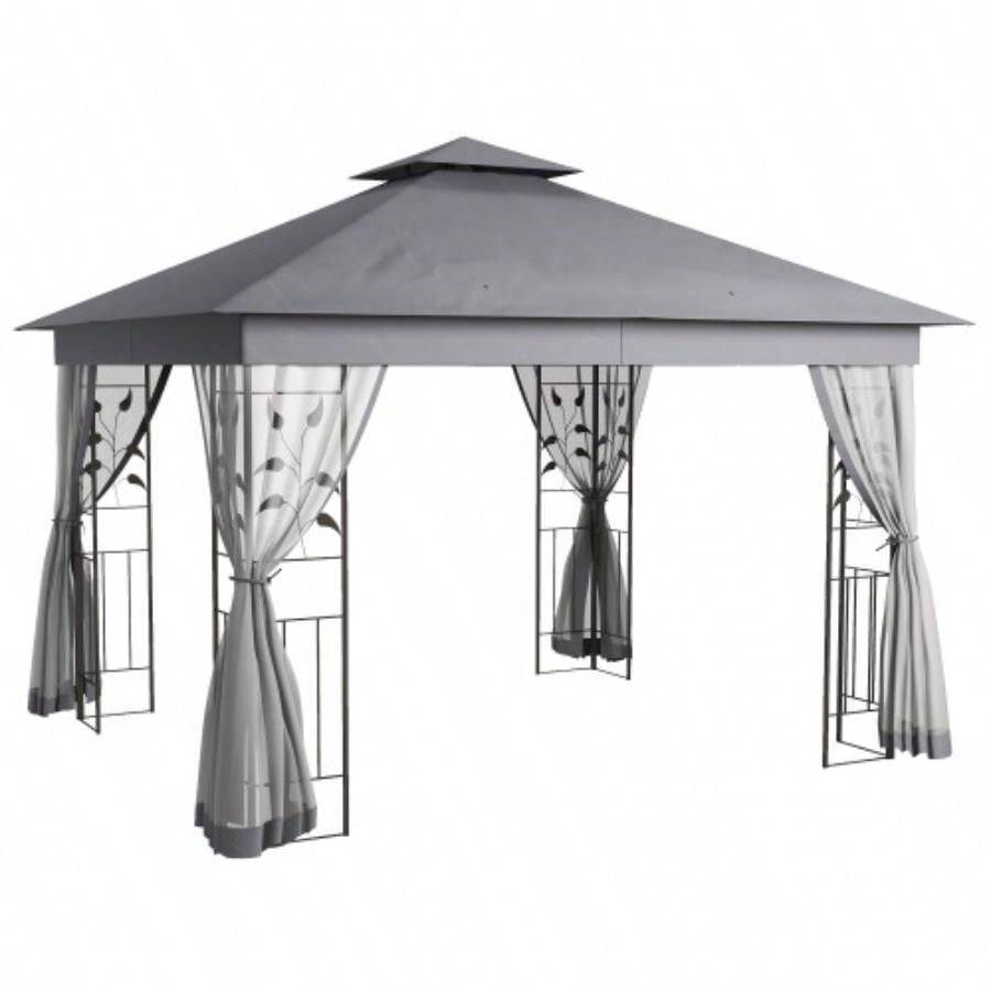 Outsunny 10x 11.5 Metal Patio Gazebo, Double Roof Outdoor Gazebo Canopy Shelter with Tree Motifs Corner Frame and Netting, Garden, Lawn, Backyard, and Deck, Gray