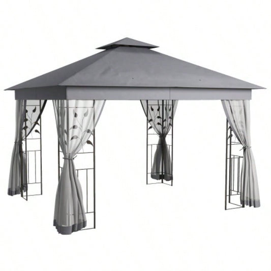 Outsunny 10x 11.5 Metal Patio Gazebo, Double Roof Outdoor Gazebo Canopy Shelter with Tree Motifs Corner Frame and Netting, Garden, Lawn, Backyard, and Deck, Gray