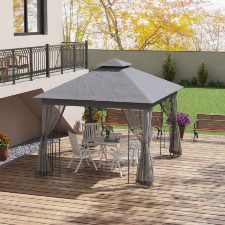 Outsunny 10x 11.5 Metal Patio Gazebo, Double Roof Outdoor Gazebo Canopy Shelter with Tree Motifs Corner Frame and Netting, Garden, Lawn, Backyard, and Deck, Gray