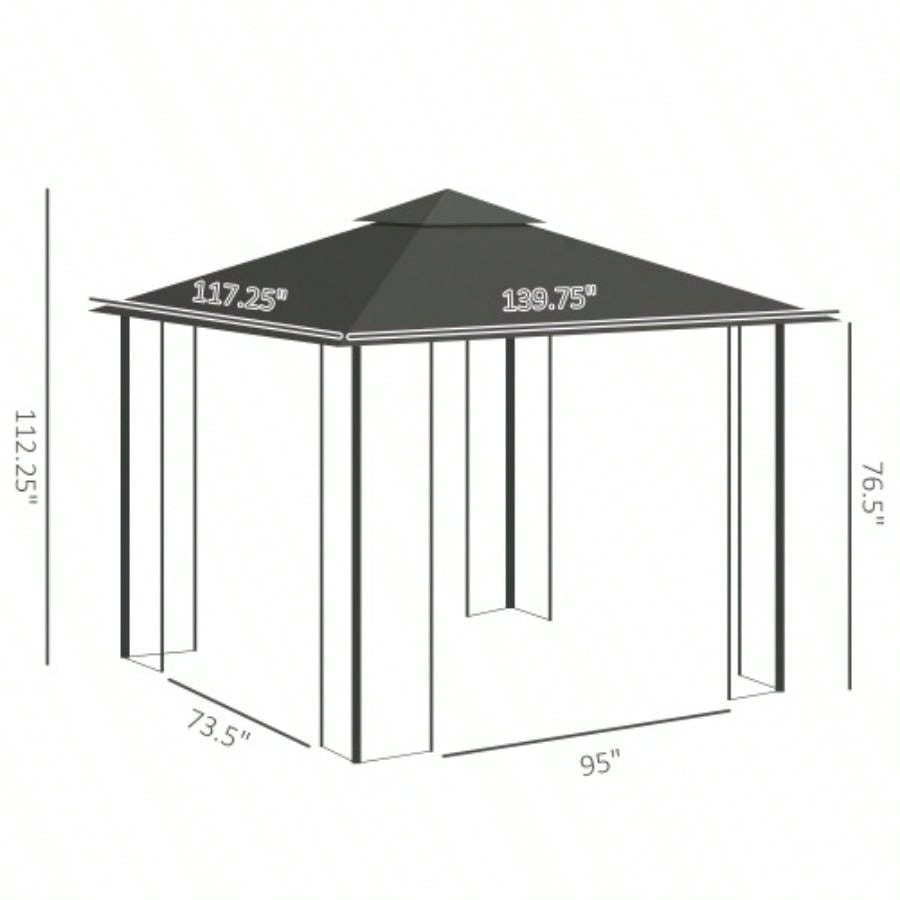 Outsunny 10x 11.5 Metal Patio Gazebo, Double Roof Outdoor Gazebo Canopy Shelter with Tree Motifs Corner Frame and Netting, Garden, Lawn, Backyard, and Deck, Gray