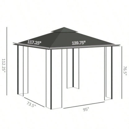 Outsunny 10x 11.5 Metal Patio Gazebo, Double Roof Outdoor Gazebo Canopy Shelter with Tree Motifs Corner Frame and Netting, Garden, Lawn, Backyard, and Deck, Gray