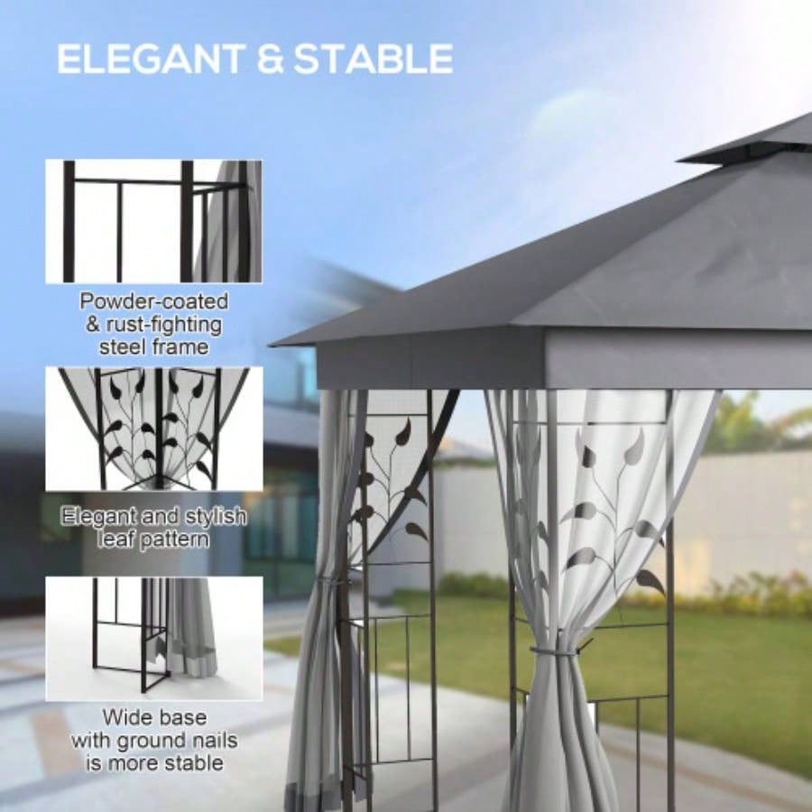 Outsunny 10x 11.5 Metal Patio Gazebo, Double Roof Outdoor Gazebo Canopy Shelter with Tree Motifs Corner Frame and Netting, Garden, Lawn, Backyard, and Deck, Gray
