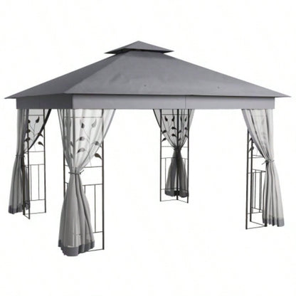 Outsunny 10x 11.5 Metal Patio Gazebo, Double Roof Outdoor Gazebo Canopy Shelter with Tree Motifs Corner Frame and Netting, Garden, Lawn, Backyard, and Deck, Gray