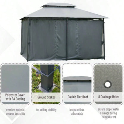 Outsunny 10x 13 Patio Gazebo, Outdoor Gazebo Canopy Shelter with Curtains, Vented Roof, Steel Frame Garden, Lawn, Backyard and Deck, Sage Gray