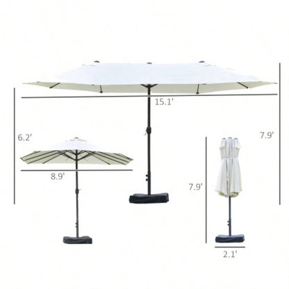 Outsunny Patio 15 Steel Rectangular Outdoor Double Sided Market with base, Easy Crank Deck Pool Patio, Beige