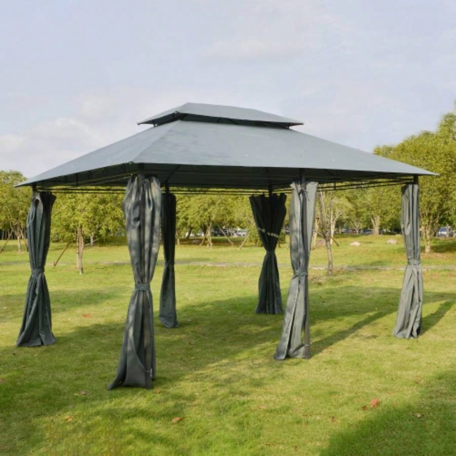 Outsunny 10x 13 Patio Gazebo, Outdoor Gazebo Canopy Shelter with Curtains, Vented Roof, Steel Frame Garden, Lawn, Backyard and Deck, Sage Gray