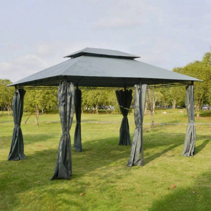 Outsunny 10x 13 Patio Gazebo, Outdoor Gazebo Canopy Shelter with Curtains, Vented Roof, Steel Frame Garden, Lawn, Backyard and Deck, Sage Gray