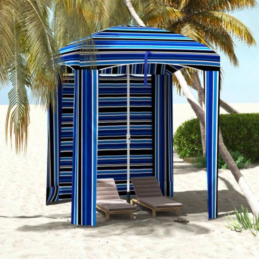 Outsunny 5.9x 5.9 Portable Beach, Ruffled Outdoor Cabana with Walls, Vents, Sandbags, Carry Bag, Blue Stripe