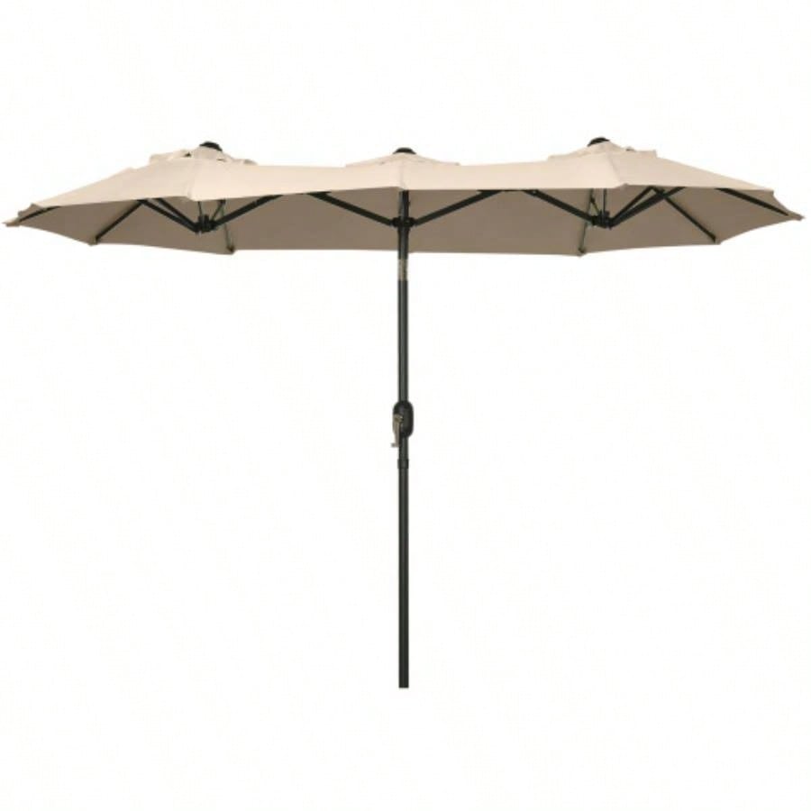 Outsunny Double - sided Patio 9.5 Large Outdoor Market with Push Button Tilt and Crank, 3 Vents and 12 Ribs, Garden, Deck, Pool, Brown