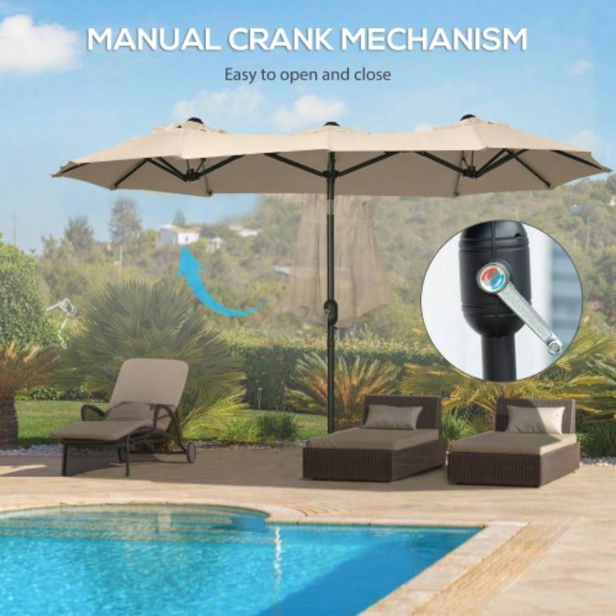 Outsunny Double - sided Patio 9.5 Large Outdoor Market with Push Button Tilt and Crank, 3 Vents and 12 Ribs, Garden, Deck, Pool, Brown