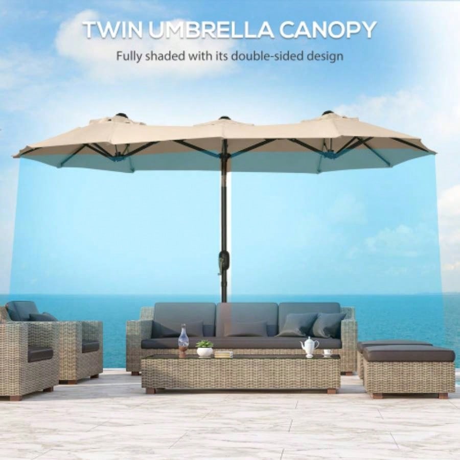 Outsunny Double - sided Patio 9.5 Large Outdoor Market with Push Button Tilt and Crank, 3 Vents and 12 Ribs, Garden, Deck, Pool, Brown