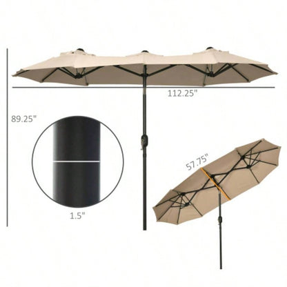 Outsunny Double - sided Patio 9.5 Large Outdoor Market with Push Button Tilt and Crank, 3 Vents and 12 Ribs, Garden, Deck, Pool, Brown