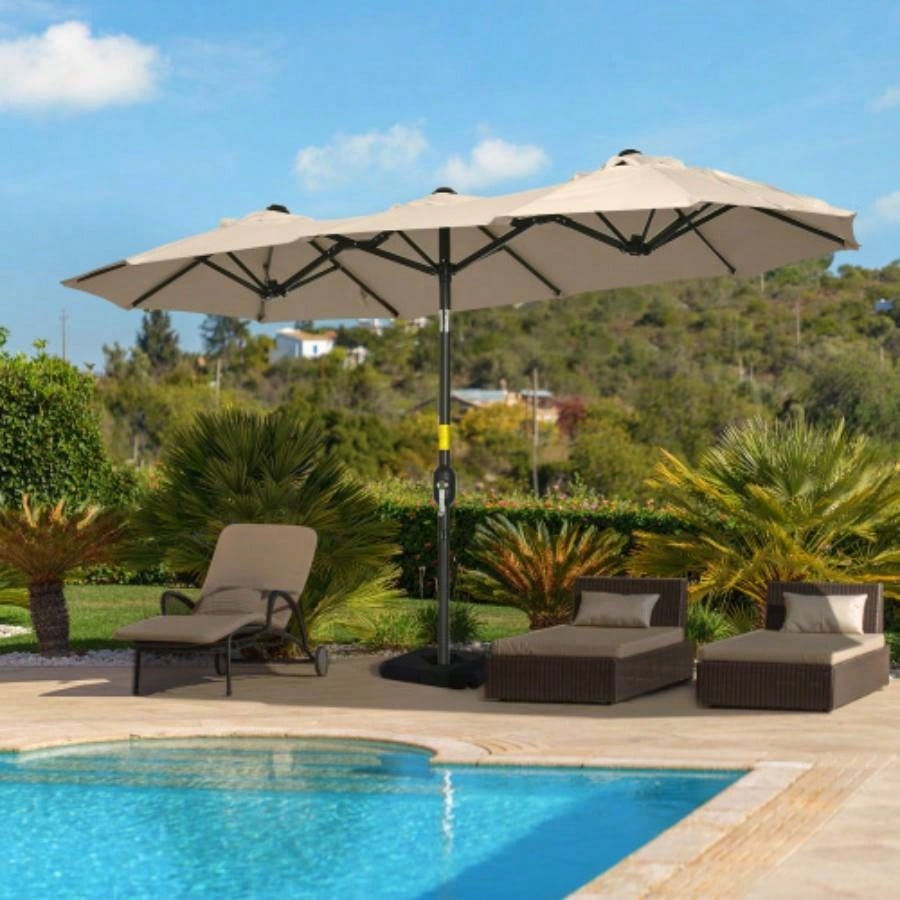 Outsunny Double - sided Patio 9.5 Large Outdoor Market with Push Button Tilt and Crank, 3 Vents and 12 Ribs, Garden, Deck, Pool, Brown