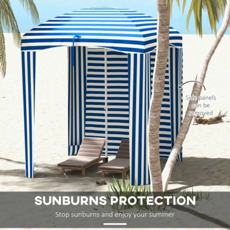 Outsunny 5.9x 5.9 Portable Beach, Ruffled Outdoor Cabana with Walls, Vents, Sandbags, Carry Bag, Blue White Stripe