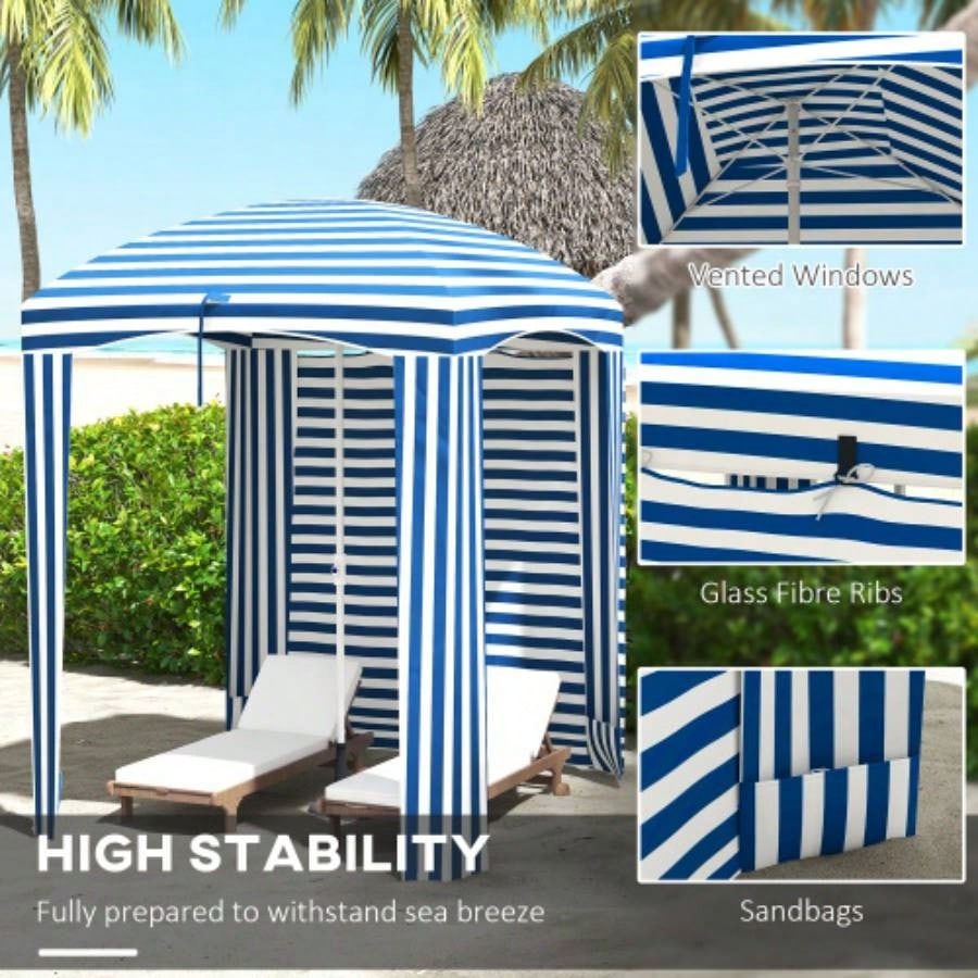 Outsunny 5.9x 5.9 Portable Beach, Ruffled Outdoor Cabana with Walls, Vents, Sandbags, Carry Bag, Blue White Stripe