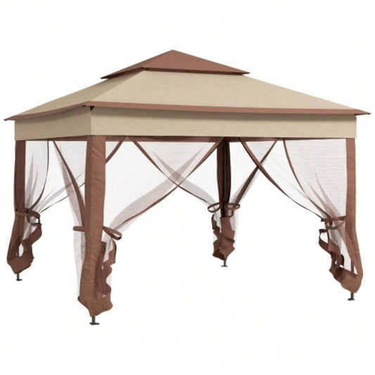 Outsunny 11x 11 Up Canopy, Outdoor Patio Gazebo Shelter with Removable Zipper Netting, Instant Event Tent/ 114 Square Feet of Shade and Carry Bag Backyard, Garden, Khaki