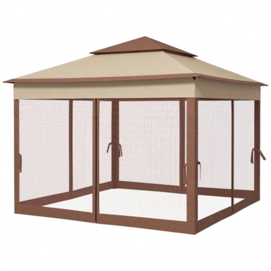 Outsunny 11x 11 Up Canopy, Outdoor Patio Gazebo Shelter with Removable Zipper Netting, Instant Event Tent/ 114 Square Feet of Shade and Carry Bag Backyard, Garden, Khaki