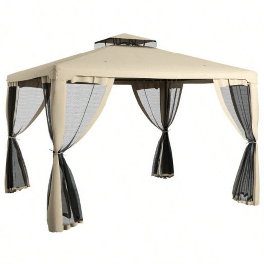Outsunny 9.6x 11.6 Patio Gazebo, Outdoor Canopy Shelter with 2 - Tier Roof and Netting, Steel Frame Garden, Lawn, Backyard, and Deck, Taupe