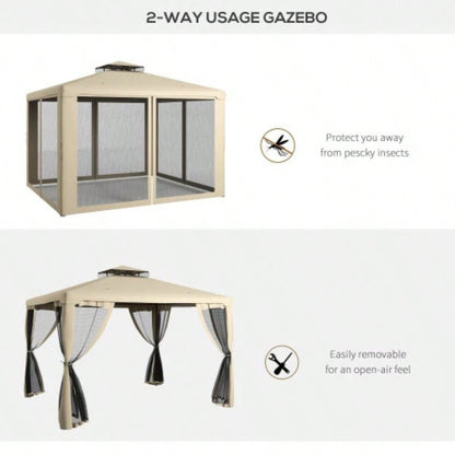 Outsunny 9.6x 11.6 Patio Gazebo, Outdoor Canopy Shelter with 2 - Tier Roof and Netting, Steel Frame Garden, Lawn, Backyard, and Deck, Taupe