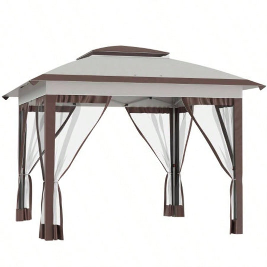 Outsunny 12x 12 Up Canopy Tent with Netting and Carry Bag, Instant Shelter with 137 sq. ft Shade, Tents Parties, Height Adjustable, Outdoor, Garden, Patio, Beige and Brown