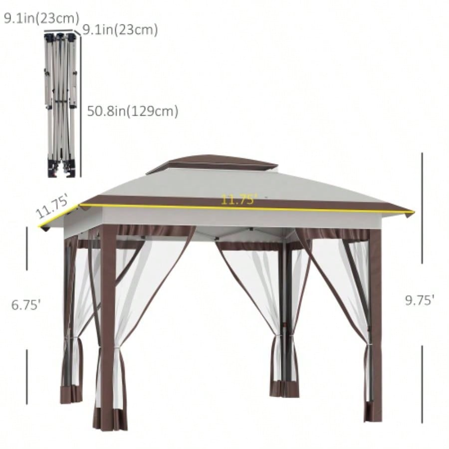 Outsunny 12x 12 Up Canopy Tent with Netting and Carry Bag, Instant Shelter with 137 sq. ft Shade, Tents Parties, Height Adjustable, Outdoor, Garden, Patio, Beige and Brown