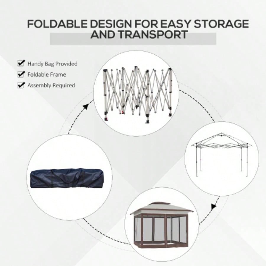 Outsunny 12x 12 Up Canopy Tent with Netting and Carry Bag, Instant Shelter with 137 sq. ft Shade, Tents Parties, Height Adjustable, Outdoor, Garden, Patio, Beige and Brown
