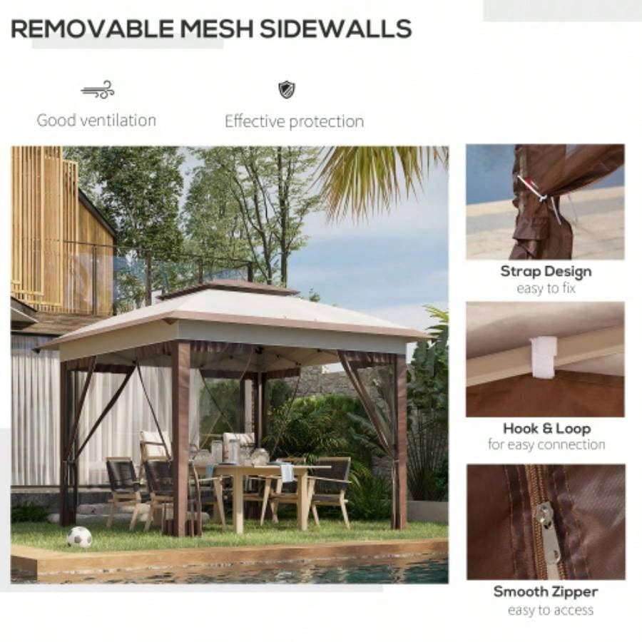 Outsunny 12x 12 Up Canopy Tent with Netting and Carry Bag, Instant Shelter with 137 sq. ft Shade, Tents Parties, Height Adjustable, Outdoor, Garden, Patio, Beige and Brown