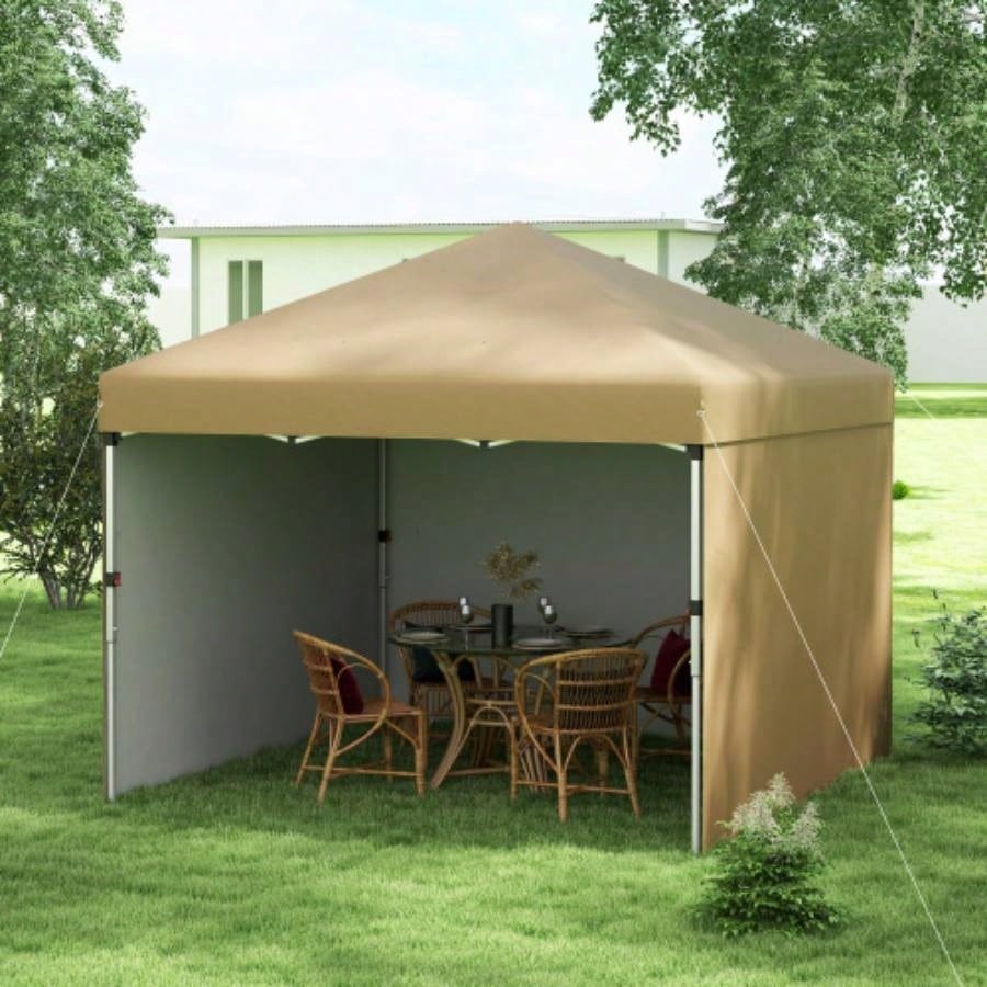 Outsunny 10x 10 Up Canopy Tent with 3 Sidewalls, Leg Weight Bags and Carry Bag, Height Adjustable, Instant Party Tent Event Shelter Gazebo Garden, Patio, Beige