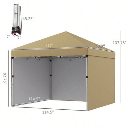 Outsunny 10x 10 Up Canopy Tent with 3 Sidewalls, Leg Weight Bags and Carry Bag, Height Adjustable, Instant Party Tent Event Shelter Gazebo Garden, Patio, Beige
