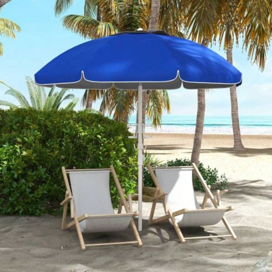 Outsunny 5. Portable Beach with Tilt, Adjustable Height, 2 Cup Holders Hooks, 40+ Ruffled Outdoor with Vented Canopy, Blue