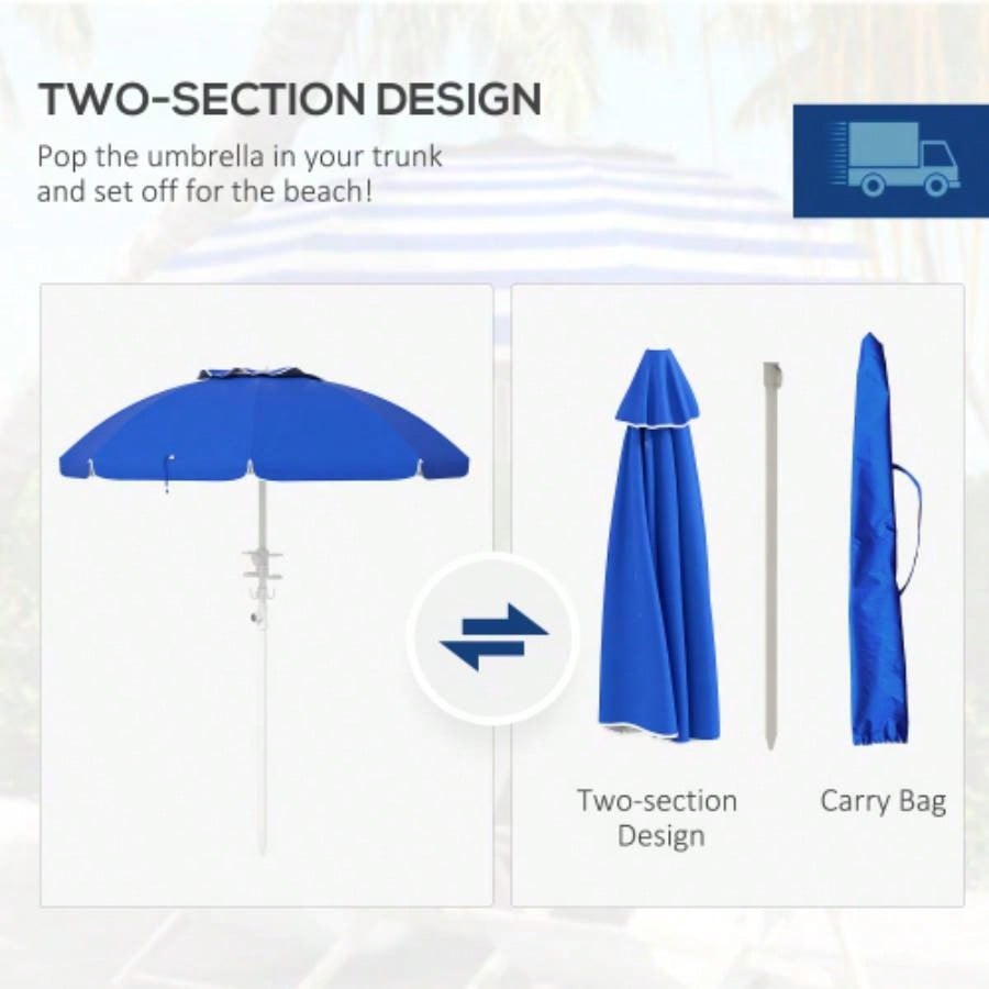 Outsunny 5. Portable Beach with Tilt, Adjustable Height, 2 Cup Holders Hooks, 40+ Ruffled Outdoor with Vented Canopy, Blue