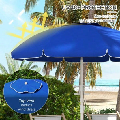 Outsunny 5. Portable Beach with Tilt, Adjustable Height, 2 Cup Holders Hooks, 40+ Ruffled Outdoor with Vented Canopy, Blue
