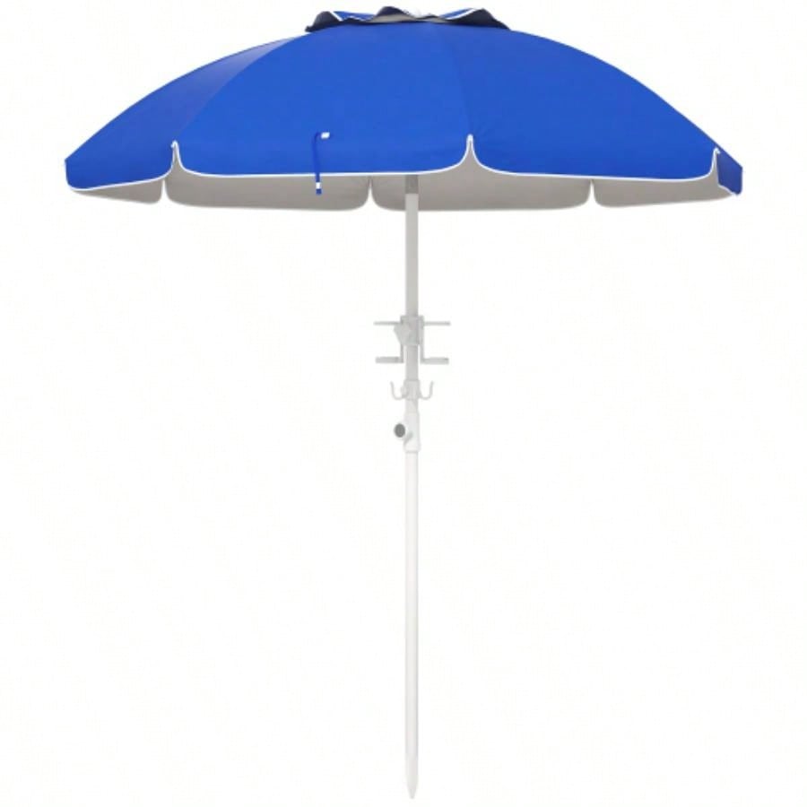 Outsunny 5. Portable Beach with Tilt, Adjustable Height, 2 Cup Holders Hooks, 40+ Ruffled Outdoor with Vented Canopy, Blue