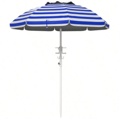 Outsunny 5. Portable Beach with Tilt, Adjustable Height, 2 Cup Holders Hooks, 40+ Ruffled Outdoor with Vented Canopy, Blue White Stripe