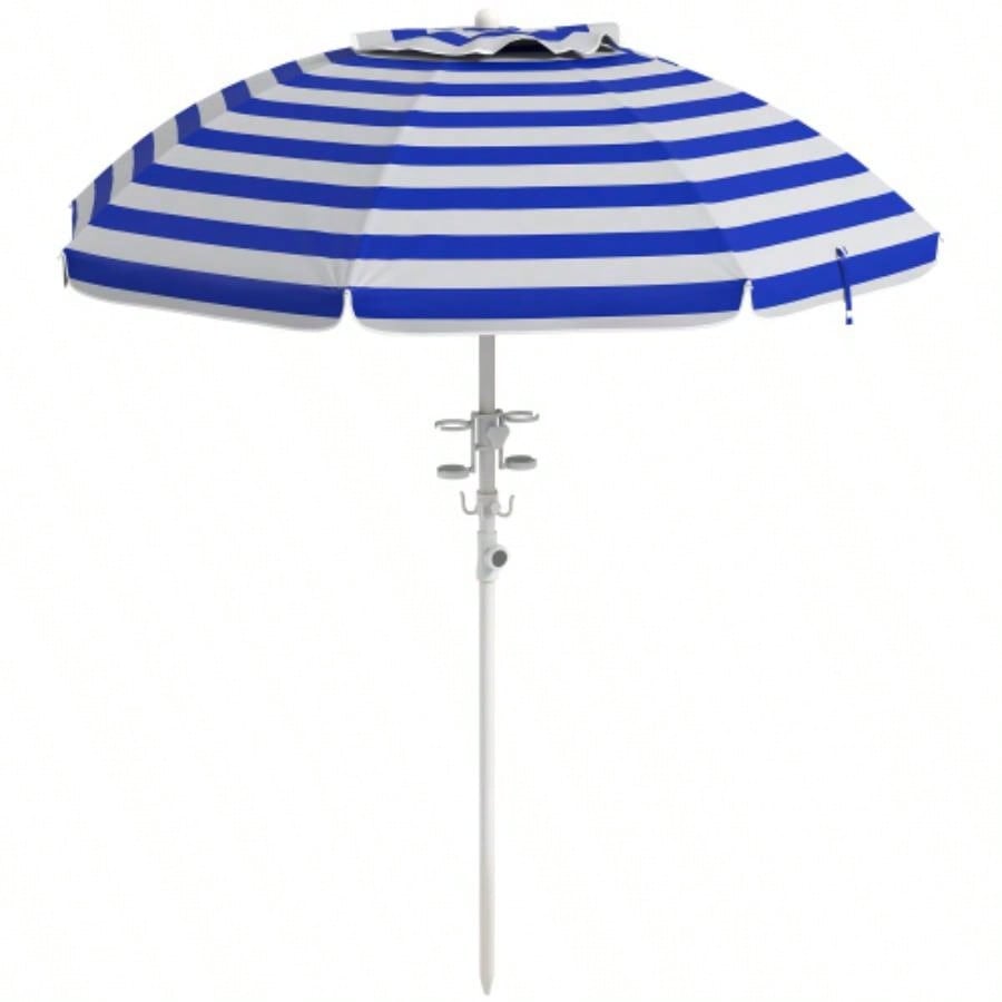 Outsunny 5. Portable Beach with Tilt, Adjustable Height, 2 Cup Holders Hooks, 40+ Ruffled Outdoor with Vented Canopy, Blue White Stripe