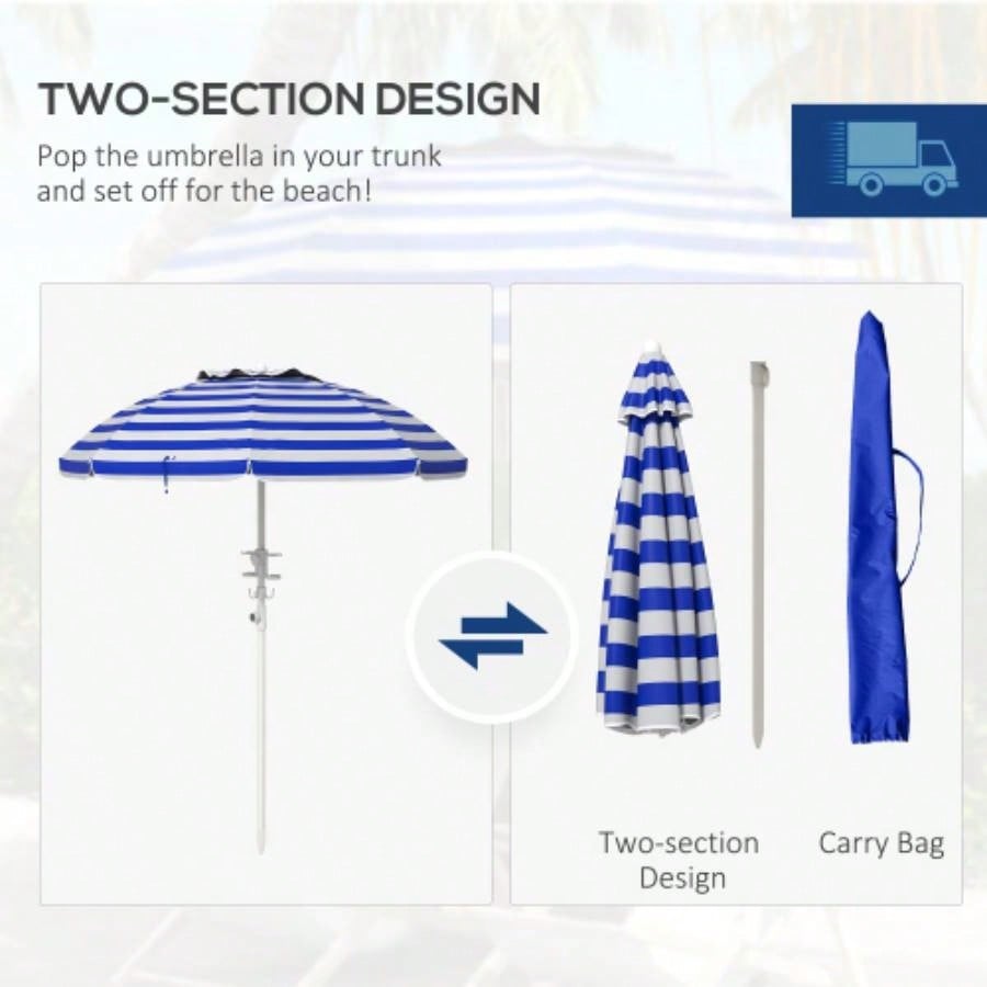 Outsunny 5. Portable Beach with Tilt, Adjustable Height, 2 Cup Holders Hooks, 40+ Ruffled Outdoor with Vented Canopy, Blue White Stripe