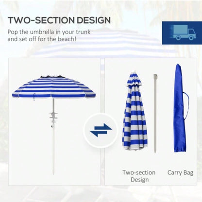 Outsunny 5. Portable Beach with Tilt, Adjustable Height, 2 Cup Holders Hooks, 40+ Ruffled Outdoor with Vented Canopy, Blue White Stripe